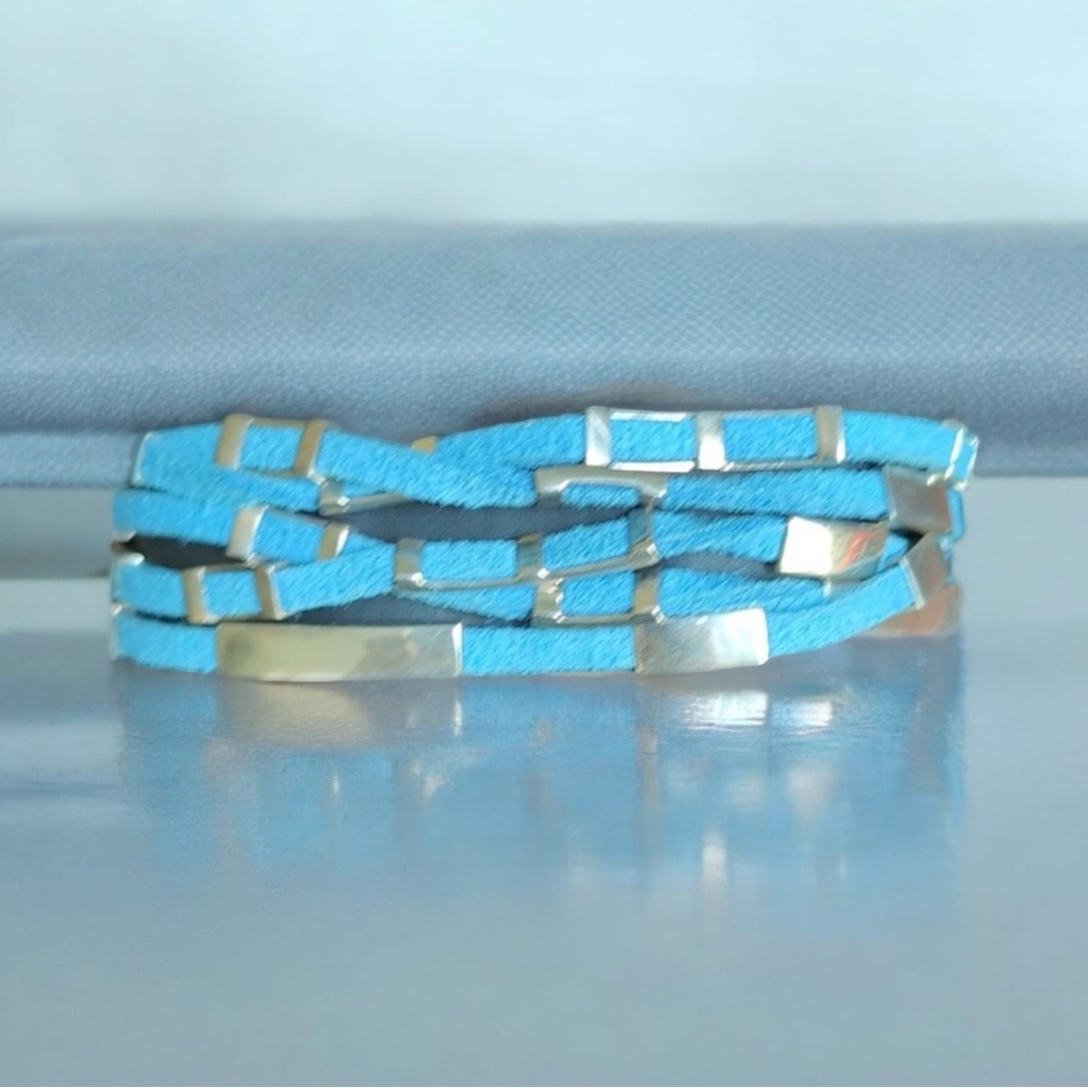 Beautiful Blue Strand Leather and Sterling Silver Bracelet